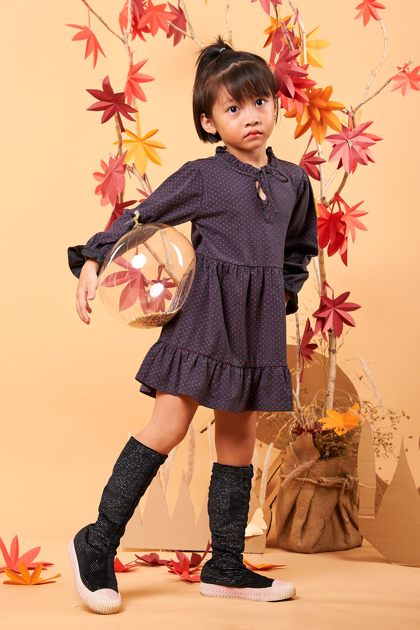 Kids String Bow Collar Tiered Dress