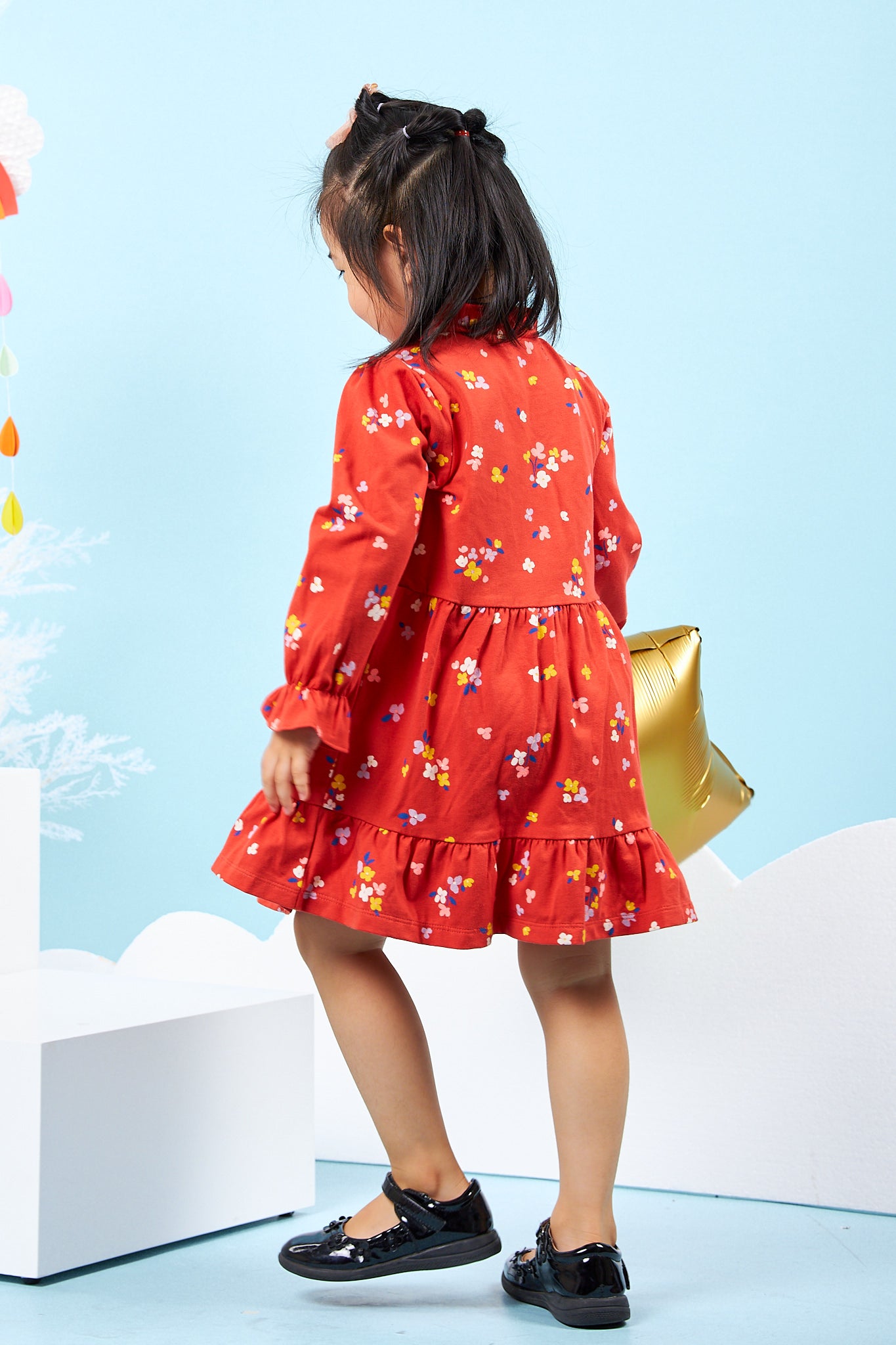 Kids String Bow Collar Tiered Dress